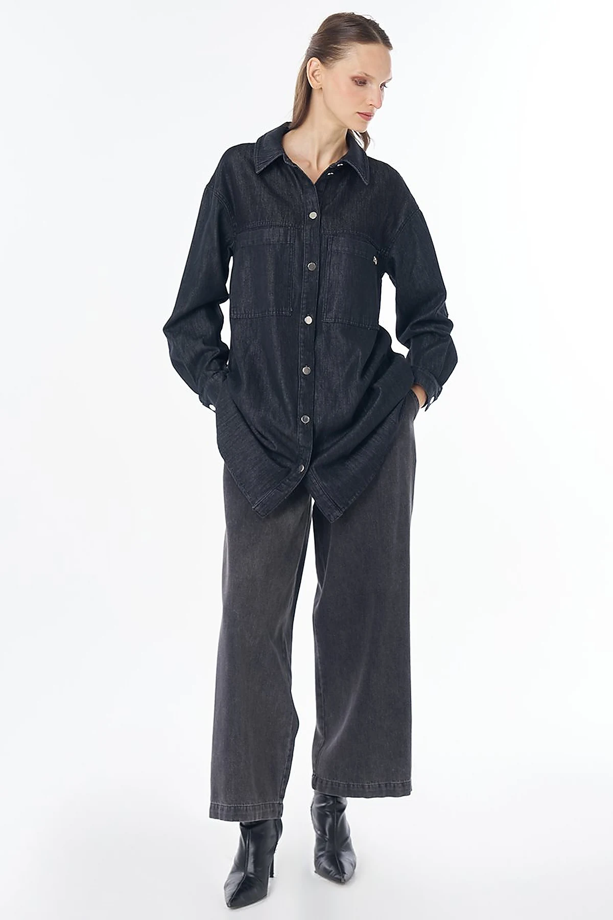 Washed Double-Pocket Denim Tunic - Anthracite