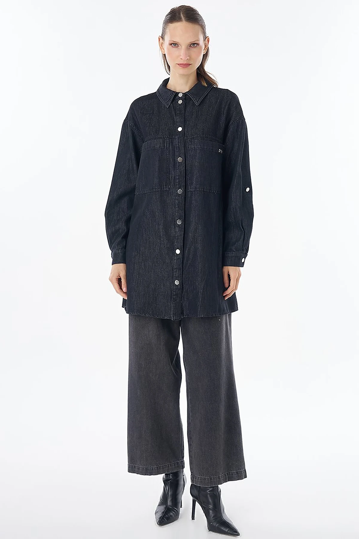 Washed Double-Pocket Denim Tunic - Anthracite