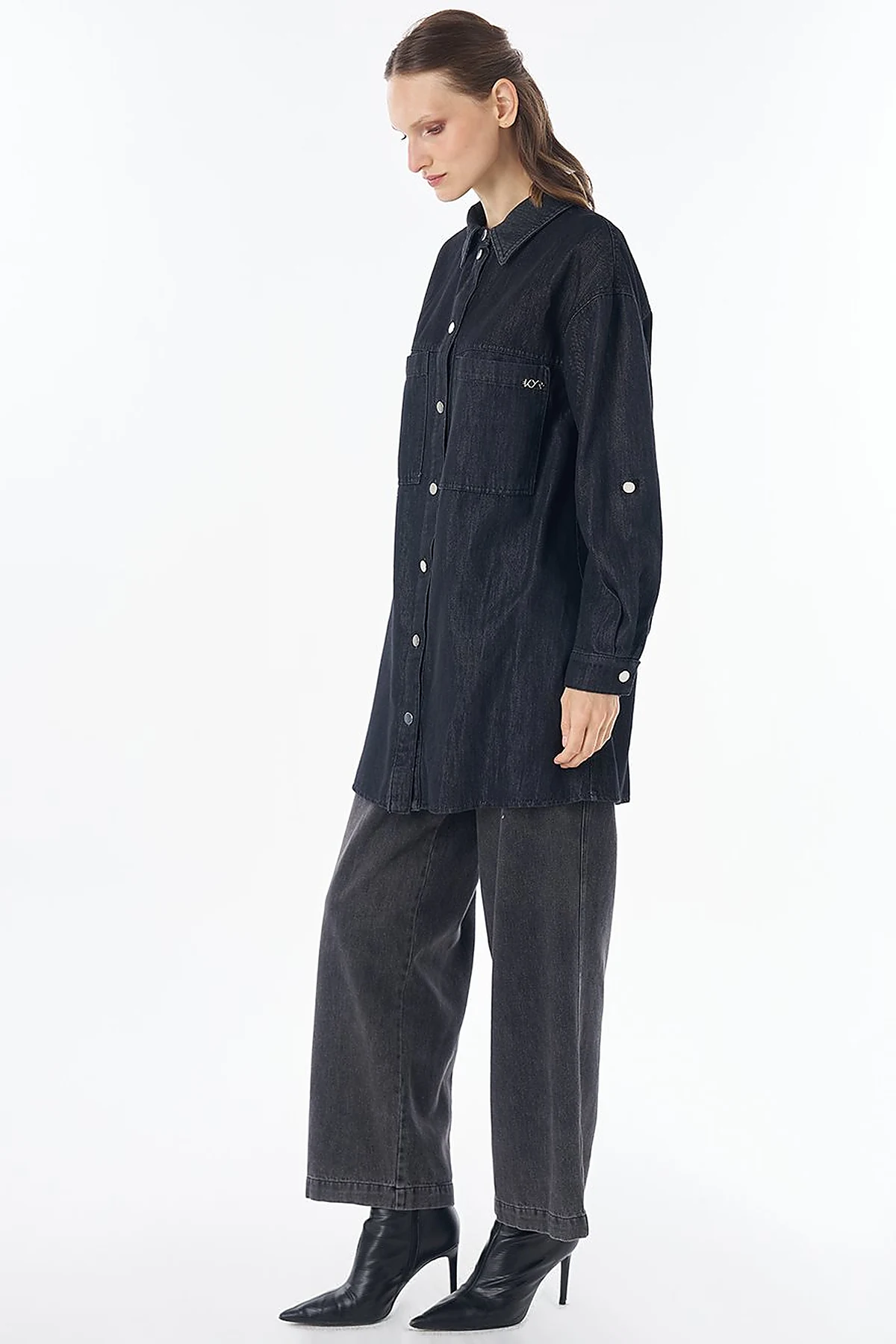 Washed Double-Pocket Denim Tunic - Anthracite