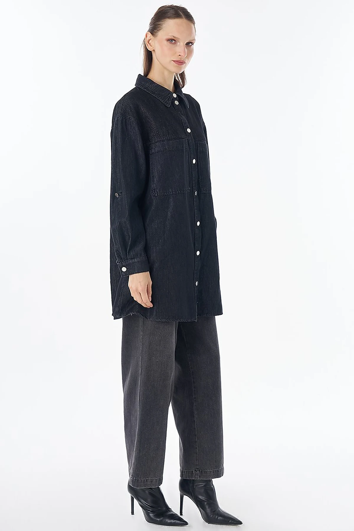 Washed Double-Pocket Denim Tunic - Anthracite