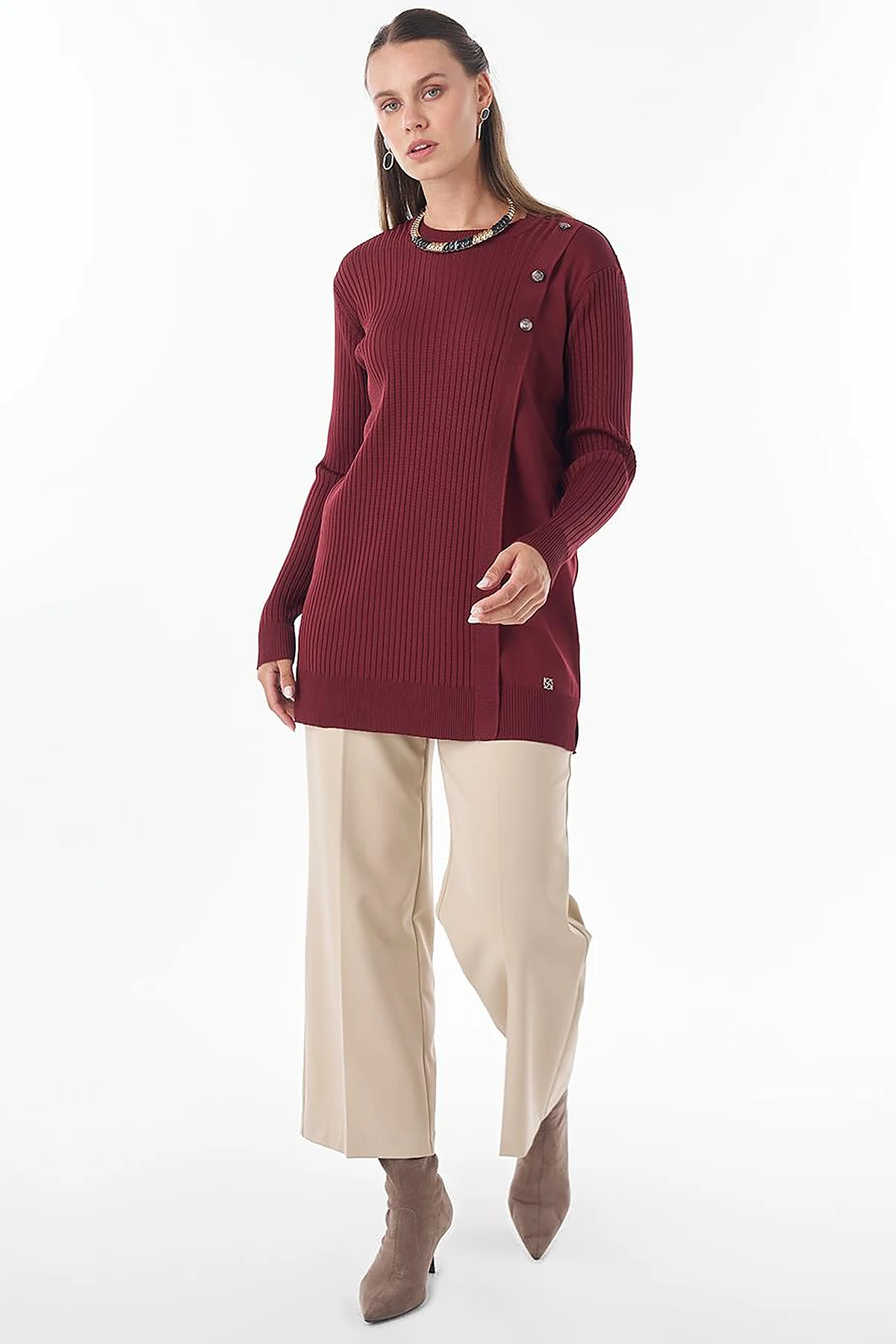 Button-Detail Knit Tunic - Burgundy