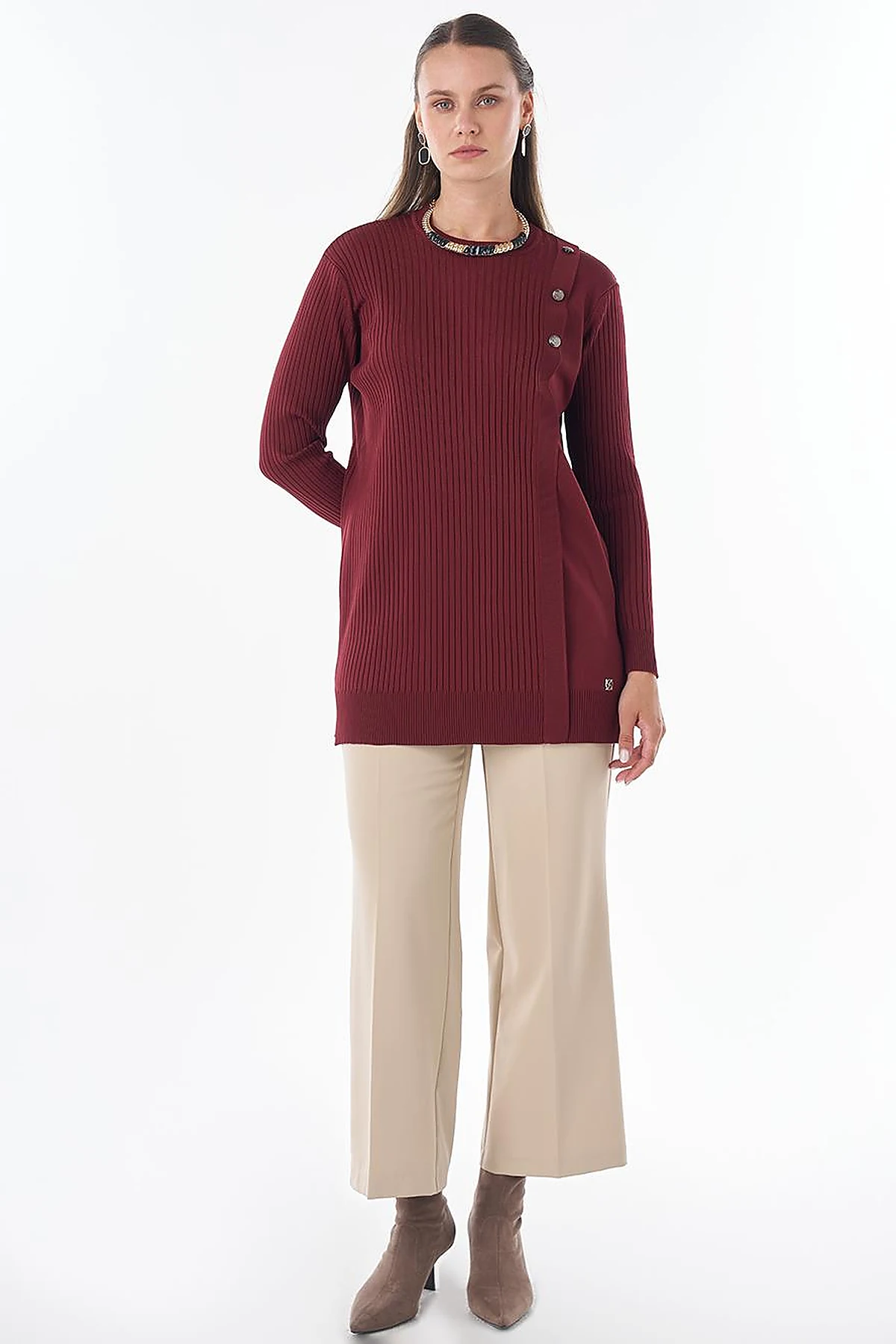 Button-Detail Knit Tunic - Burgundy