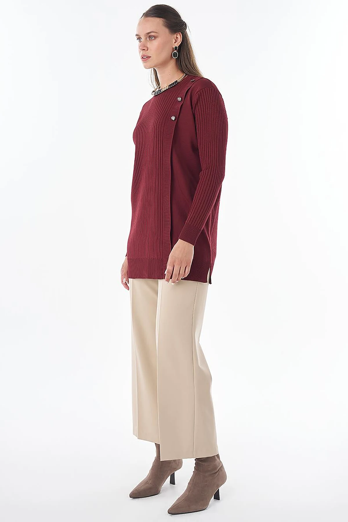 Button-Detail Knit Tunic - Burgundy