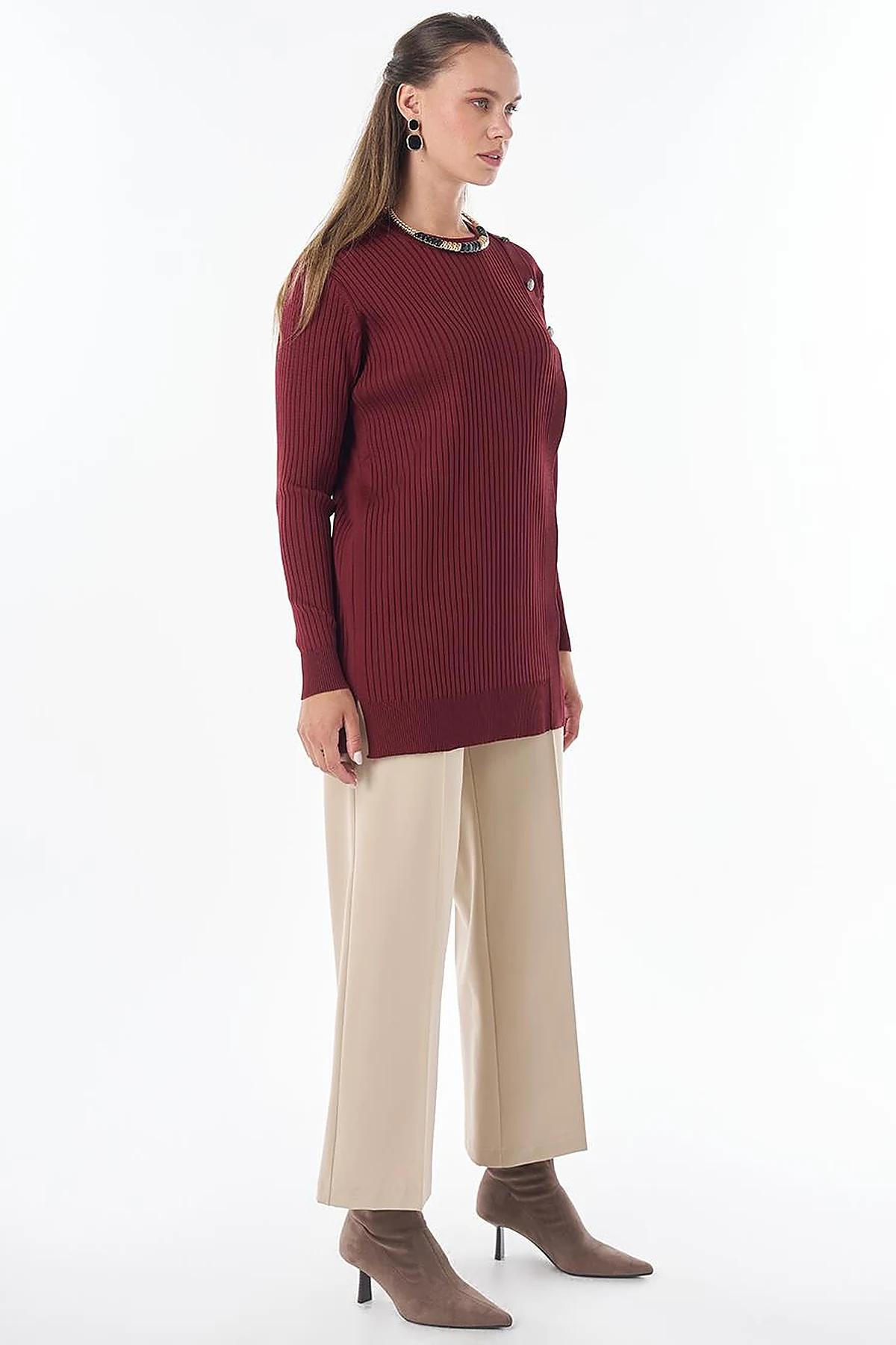Button-Detail Knit Tunic - Burgundy