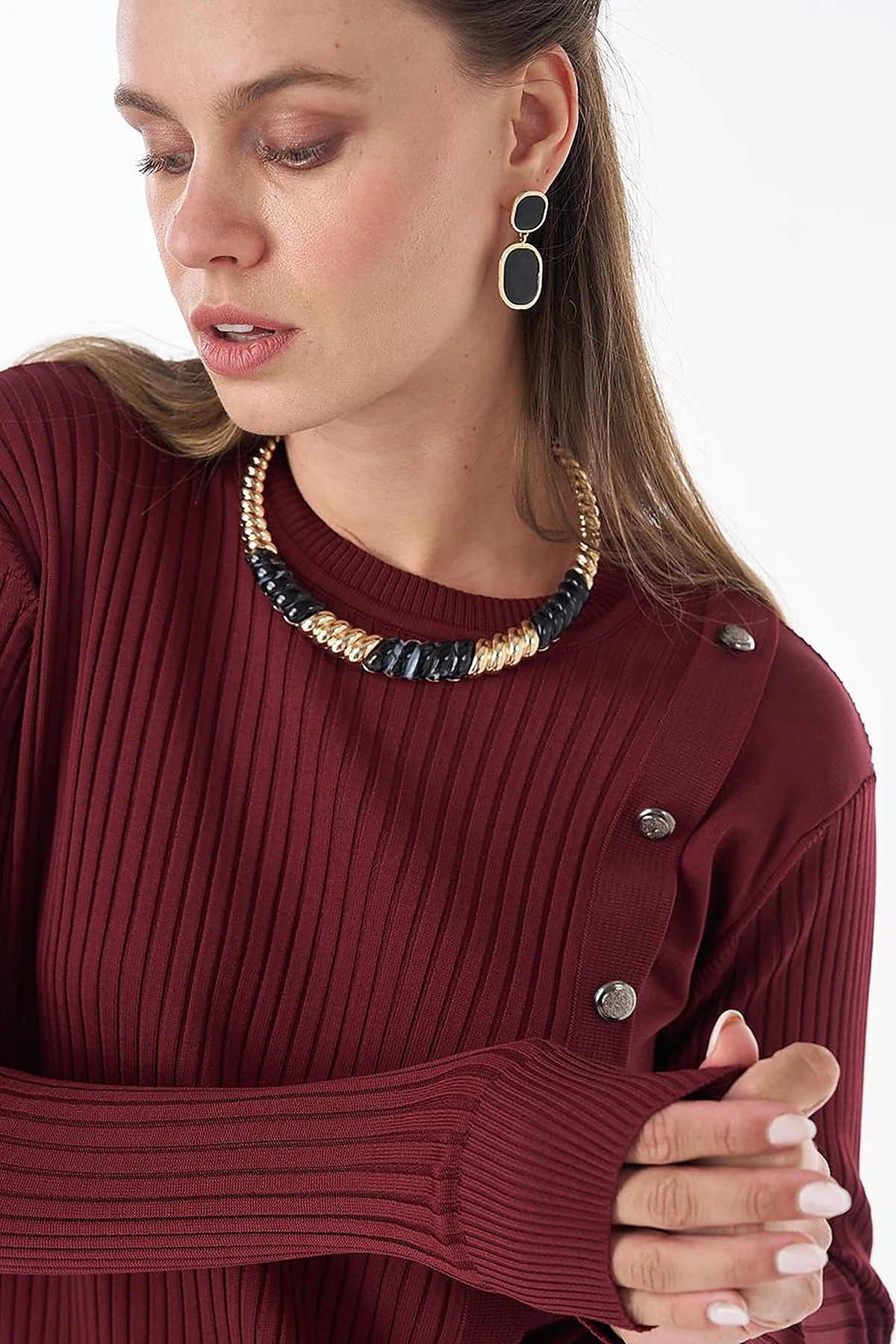 Button-Detail Knit Tunic - Burgundy