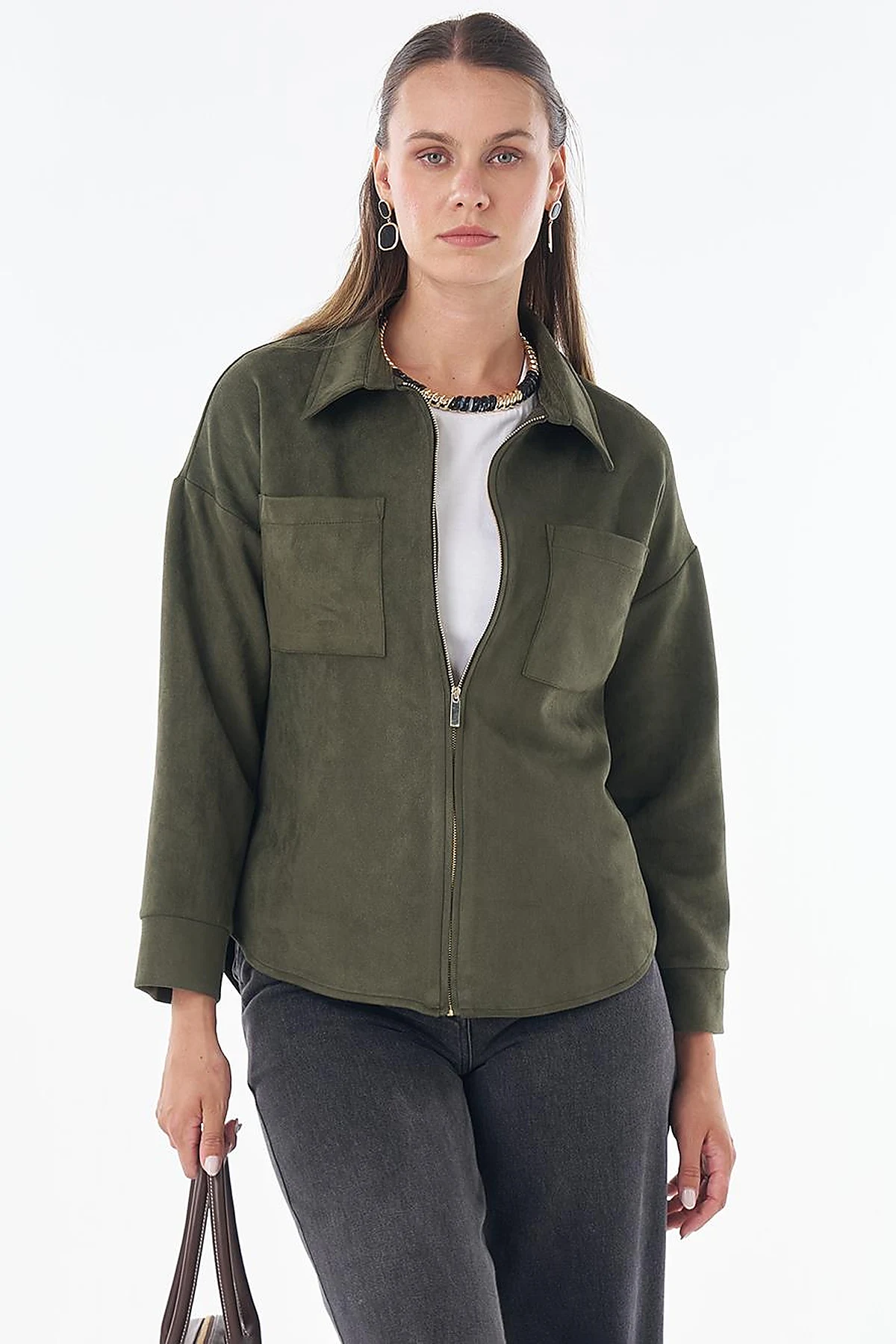 Shirt Collar Suede Blouse - Dark Khaki