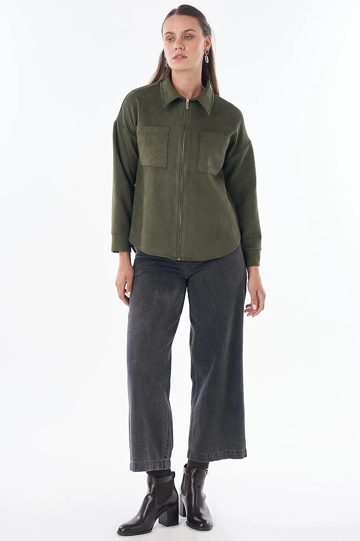 Shirt Collar Suede Blouse - Dark Khaki