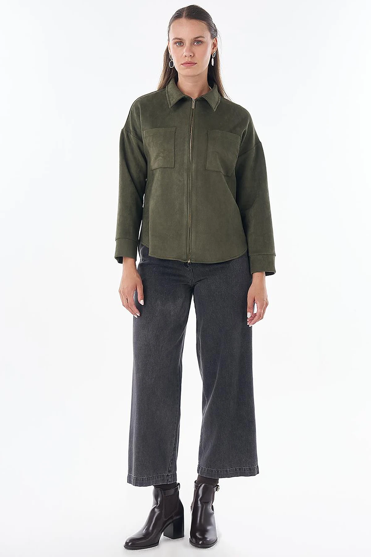 Shirt Collar Suede Blouse - Dark Khaki