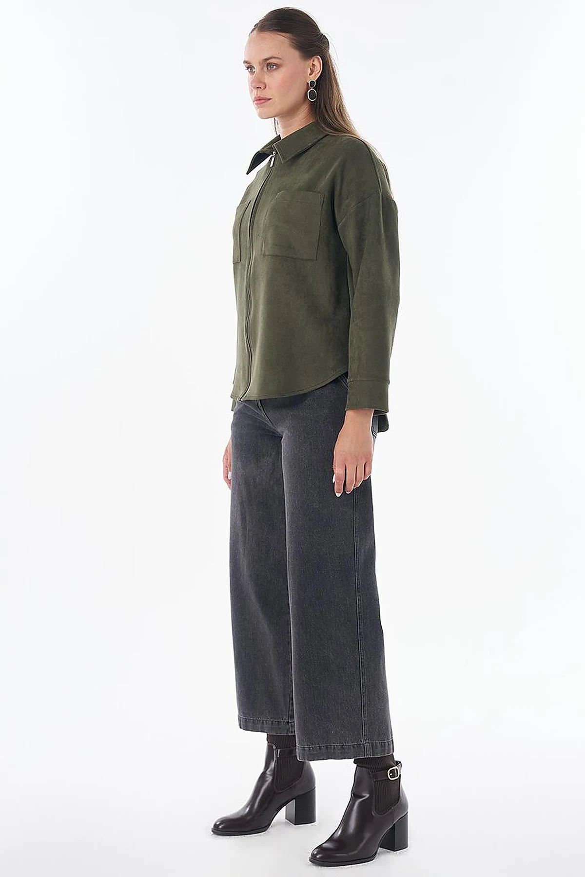 Shirt Collar Suede Blouse - Dark Khaki