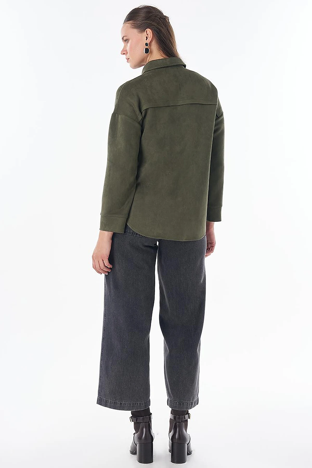 Shirt Collar Suede Blouse - Dark Khaki
