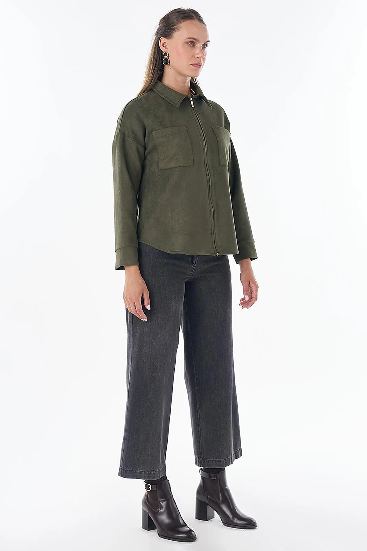 Shirt Collar Suede Blouse - Dark Khaki
