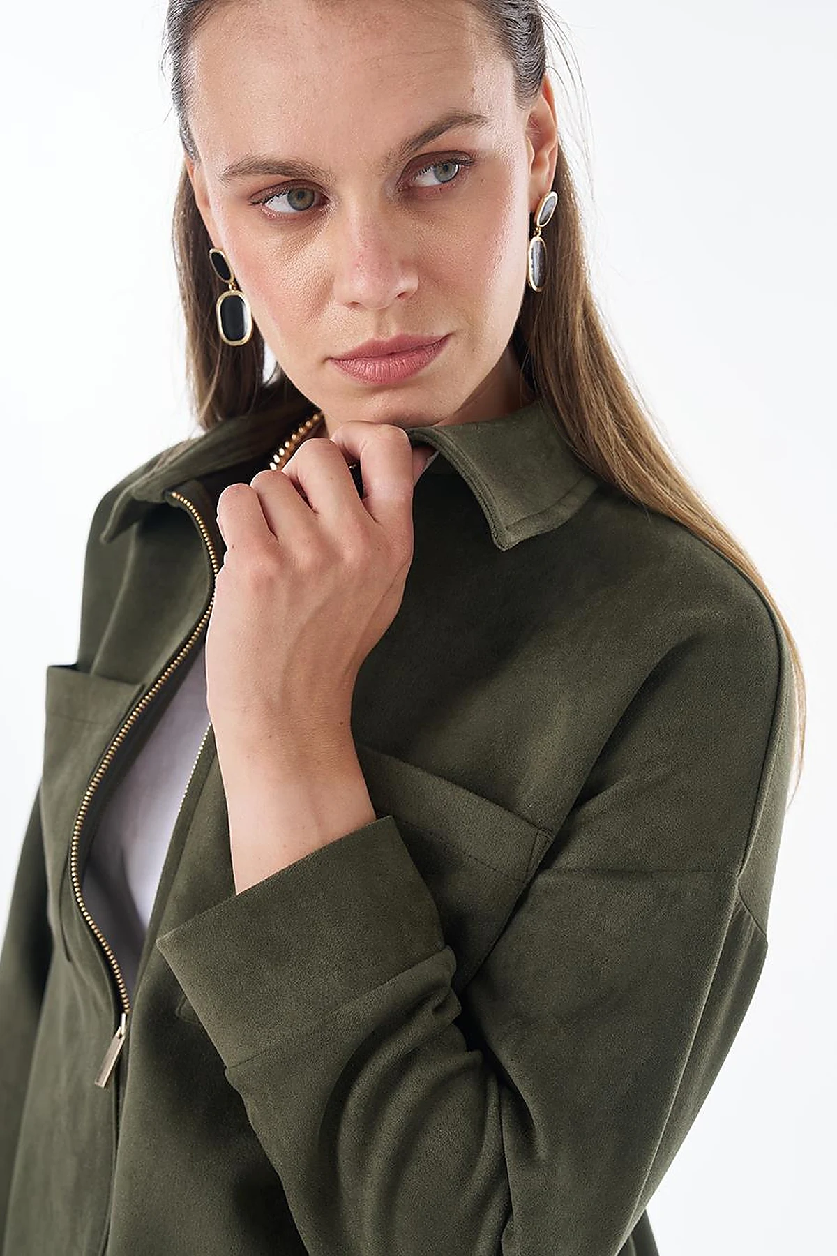 Shirt Collar Suede Blouse - Dark Khaki