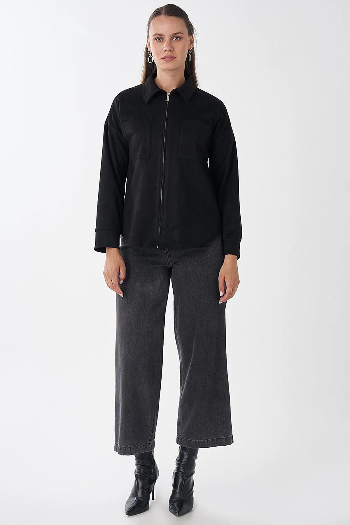 Shirt Collar Suede Blouse - Black