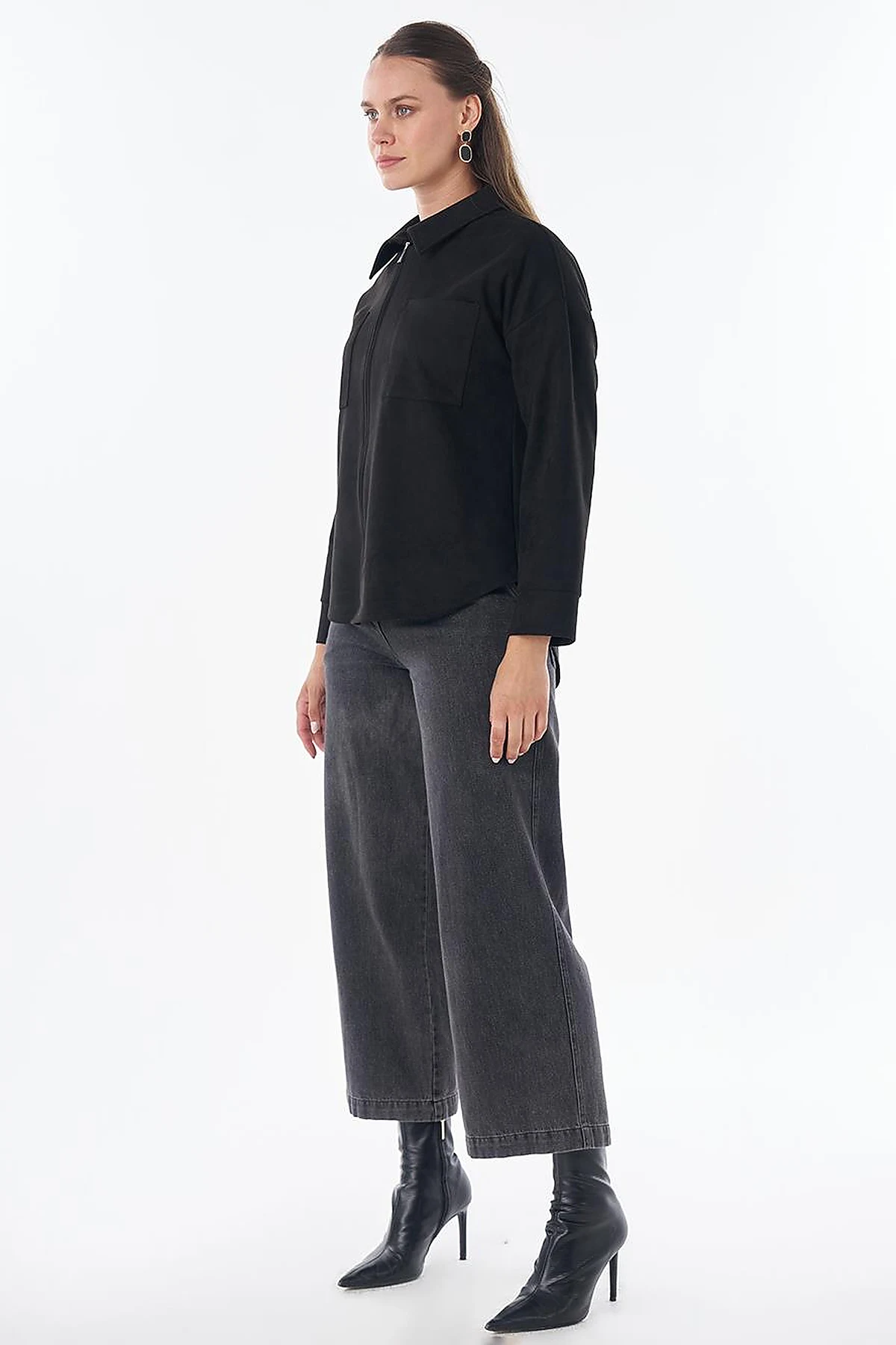 Shirt Collar Suede Blouse - Black