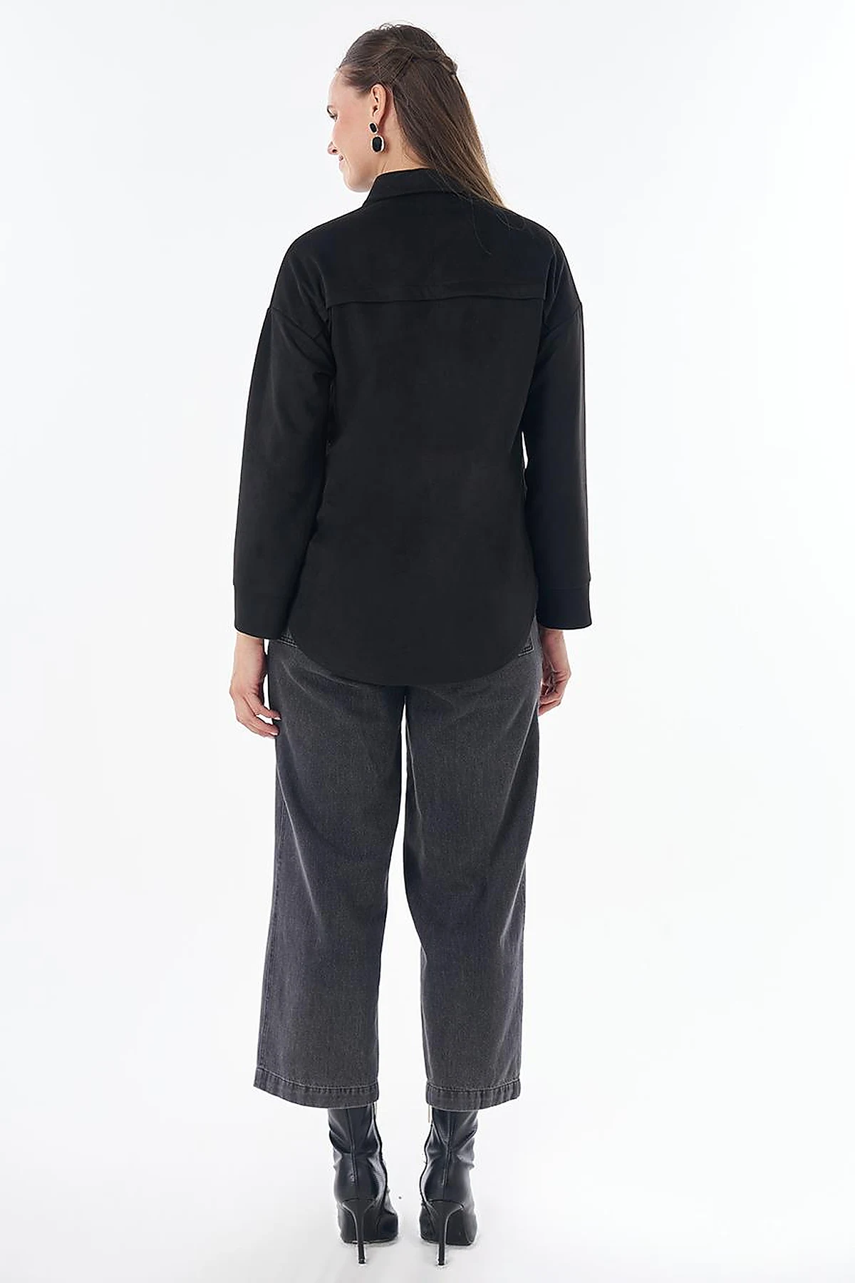 Shirt Collar Suede Blouse - Black