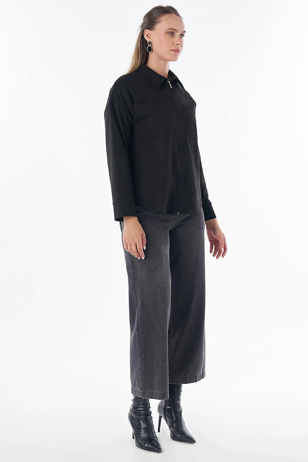 Shirt Collar Suede Blouse - Black