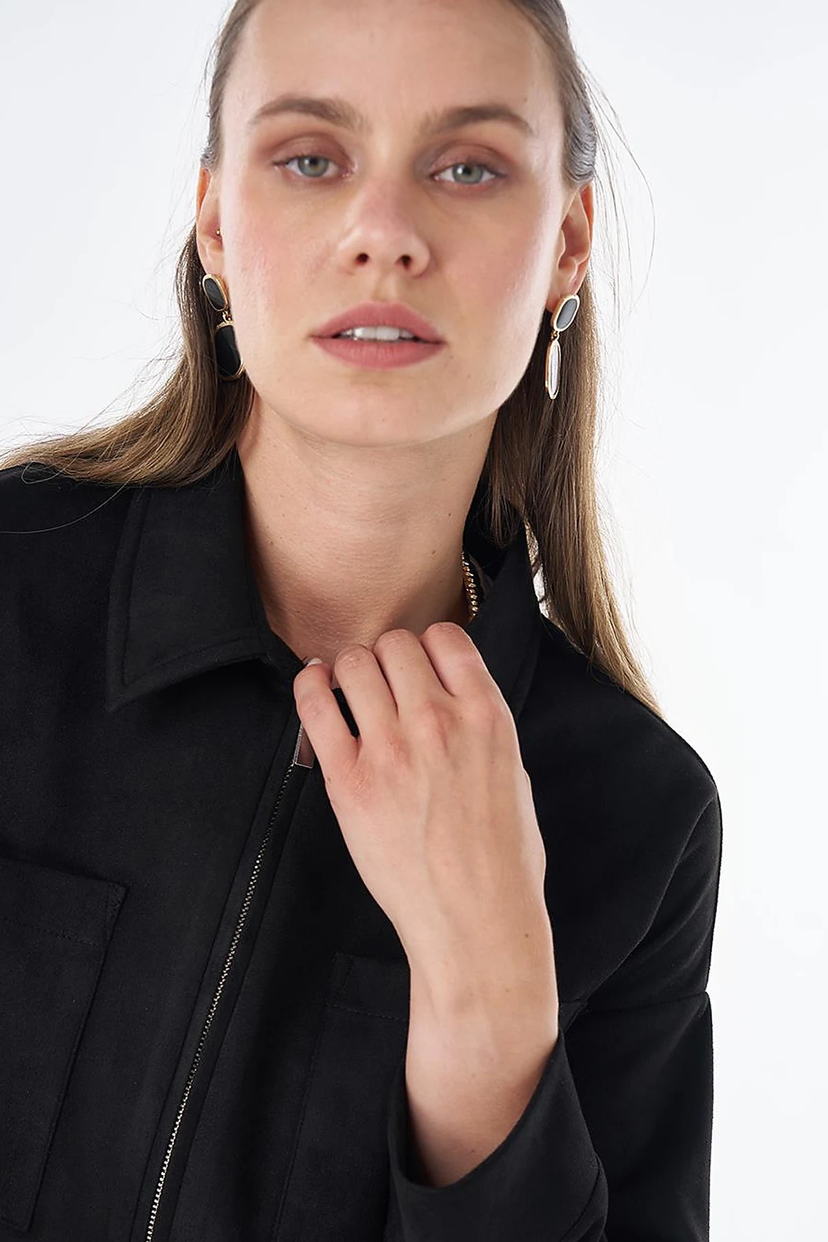 Shirt Collar Suede Blouse - Black