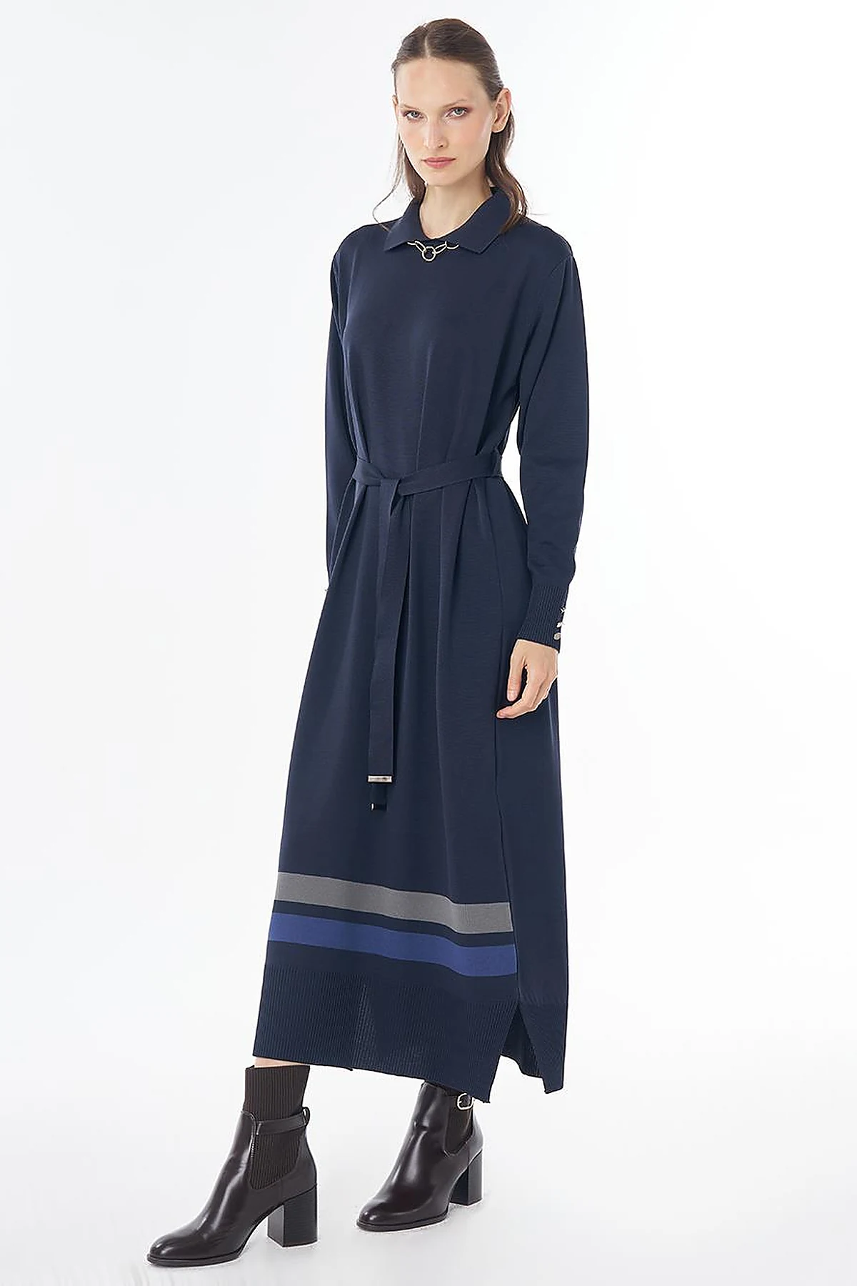 Contrast-Color Knit Dress - Navy