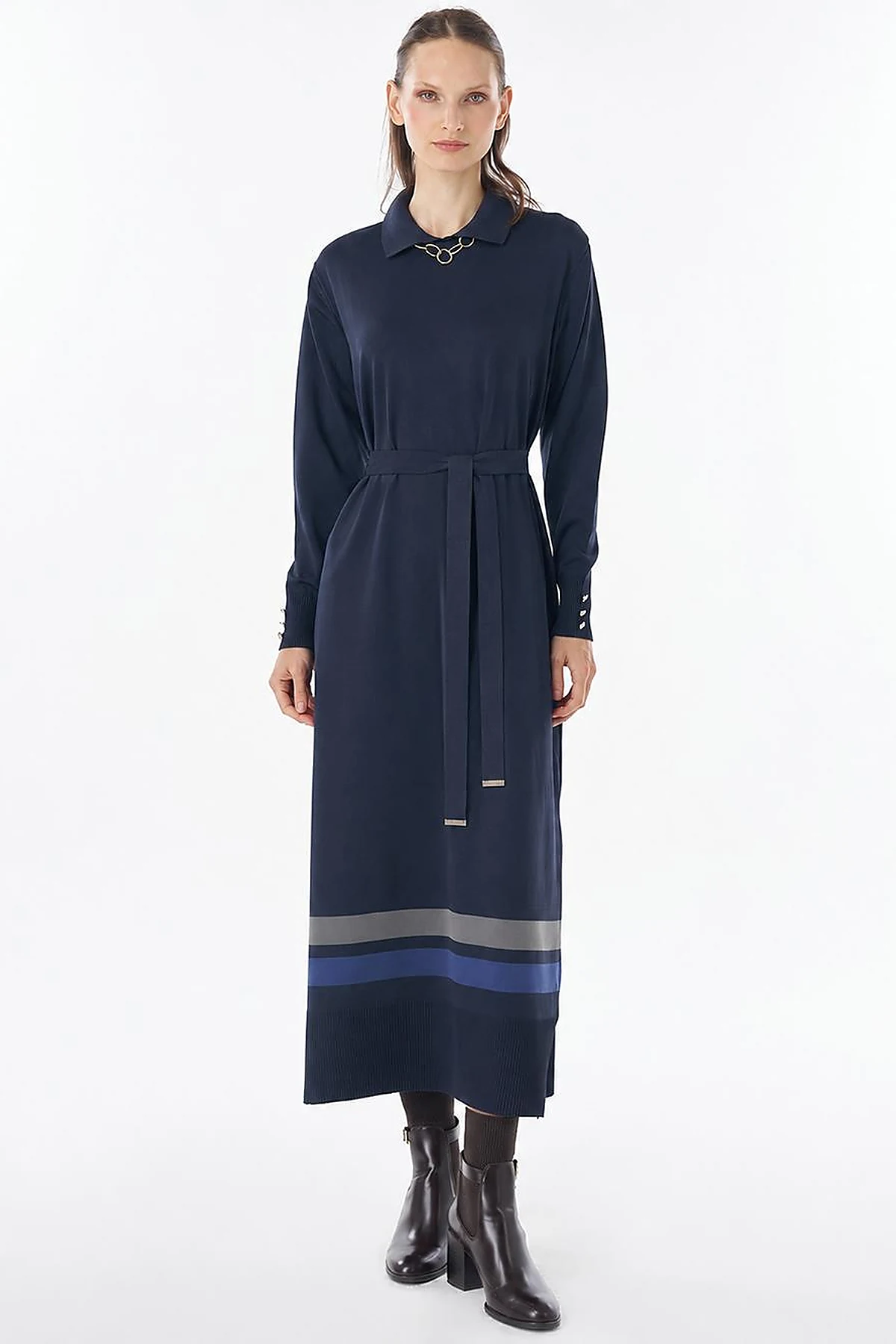 Contrast-Color Knit Dress - Navy