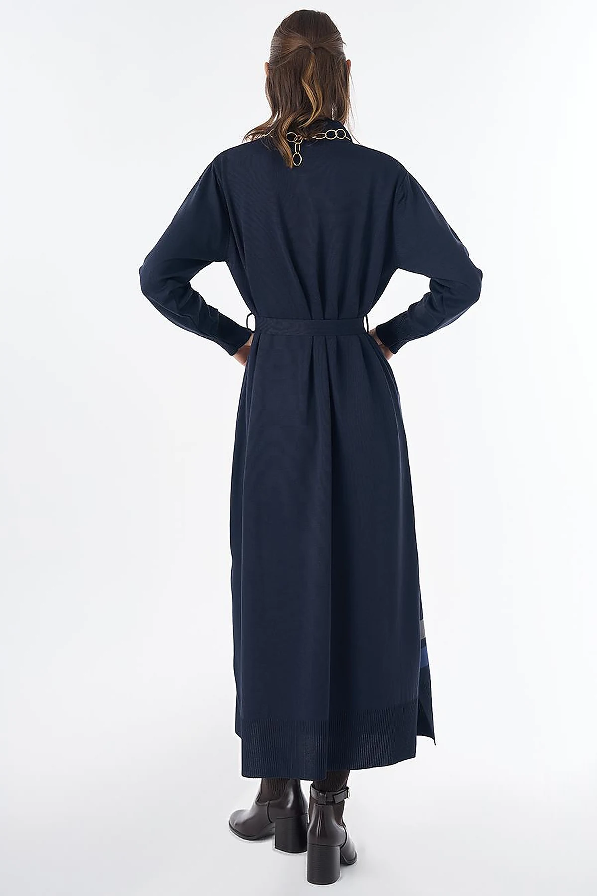 Contrast-Color Knit Dress - Navy