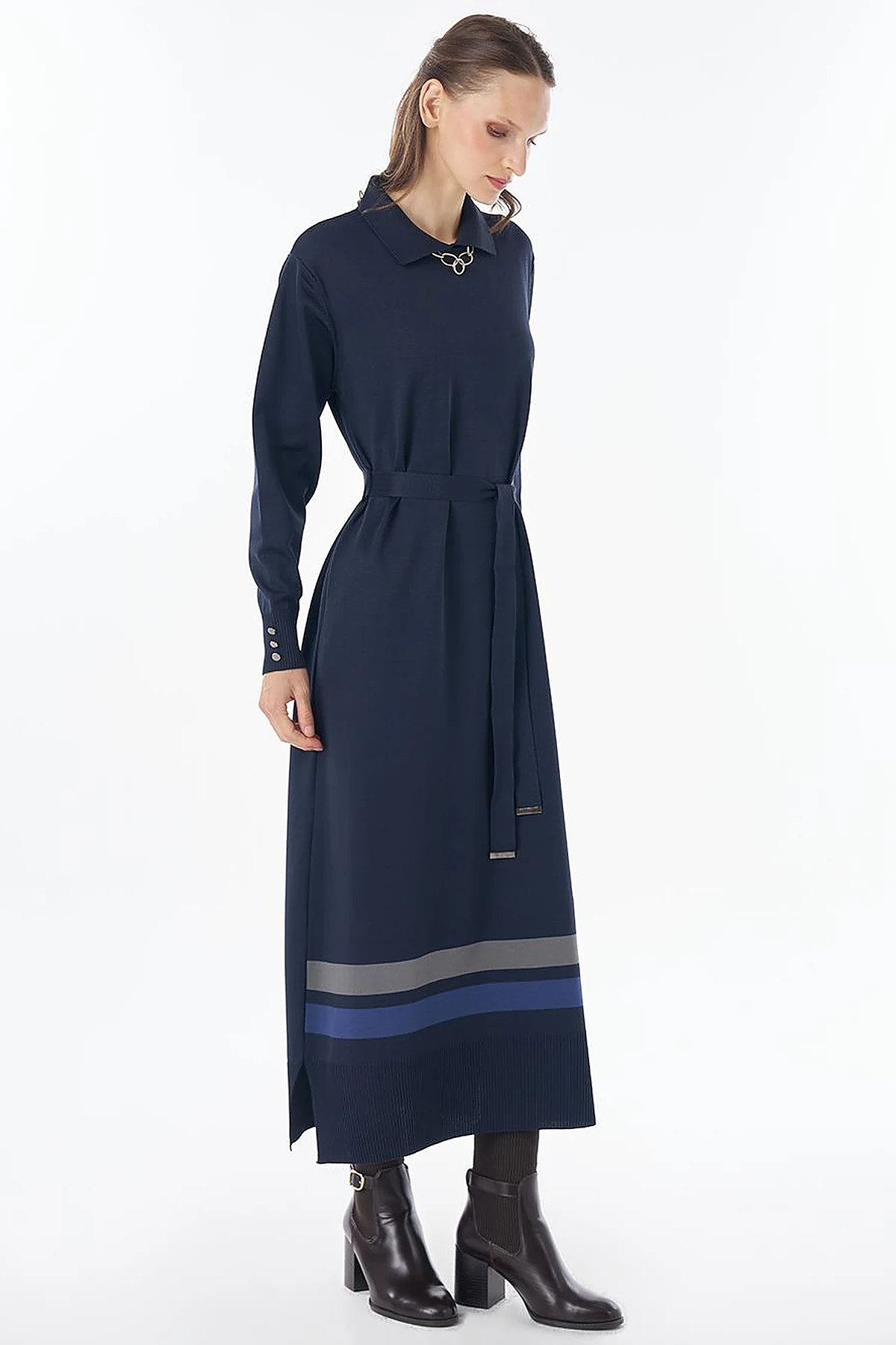 Contrast-Color Knit Dress - Navy