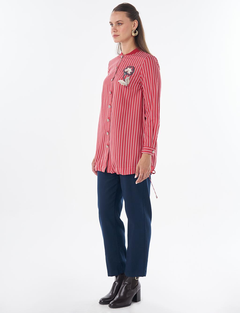 Embroidered Striped Tunic - Red