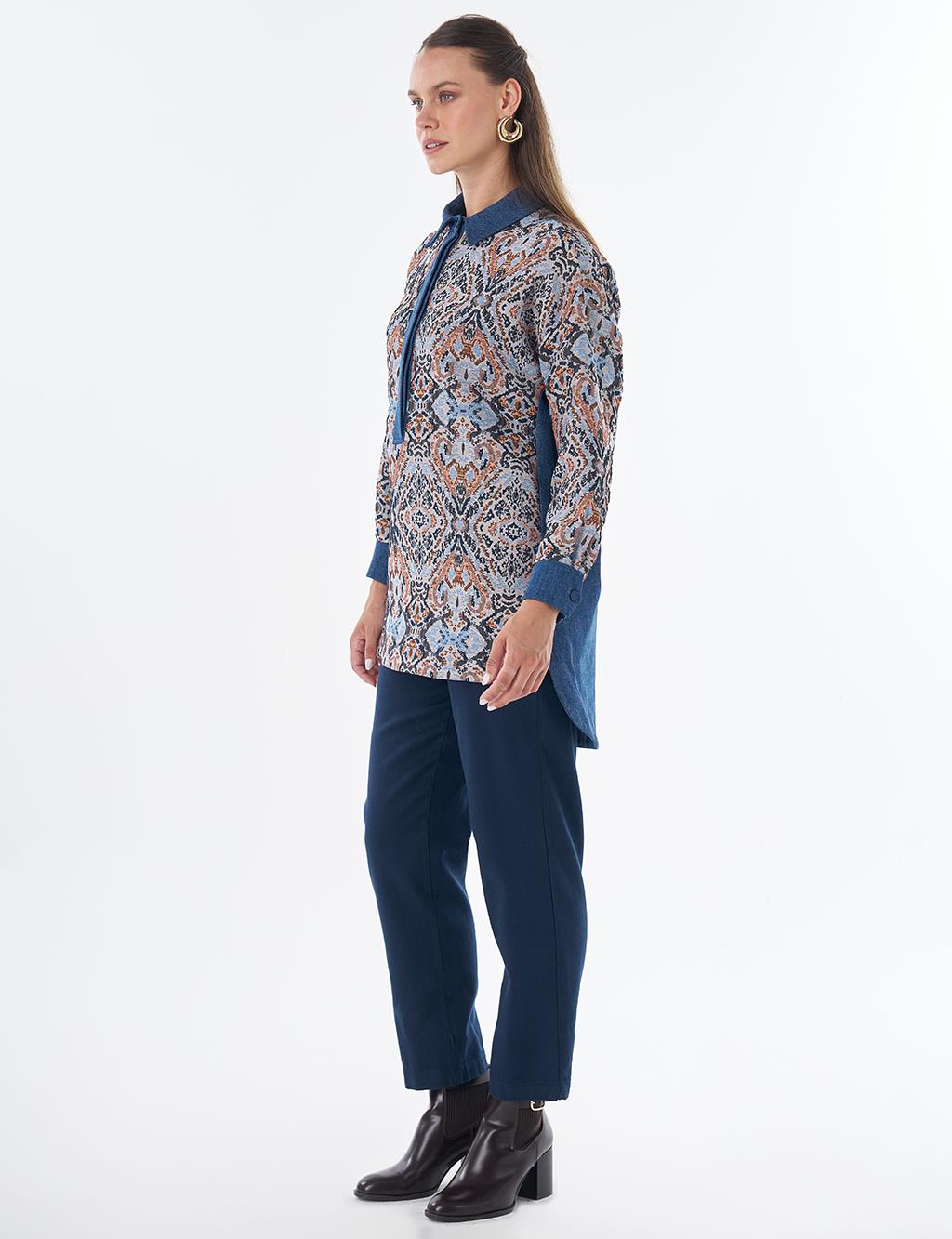 Denim-Trim Patterned Tunic - Indigo