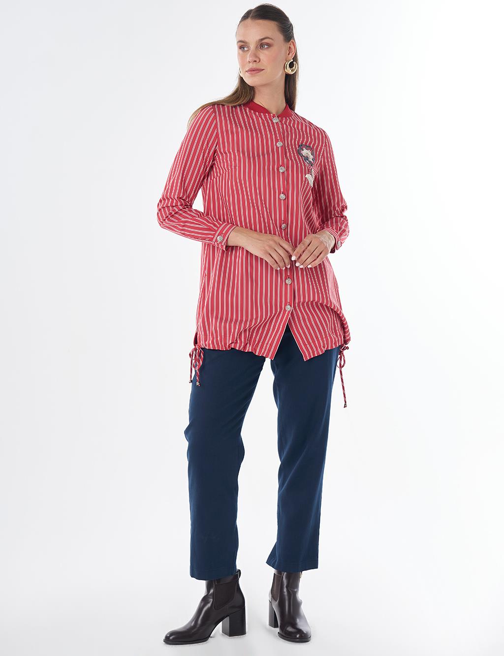 Embroidered Striped Tunic - Red