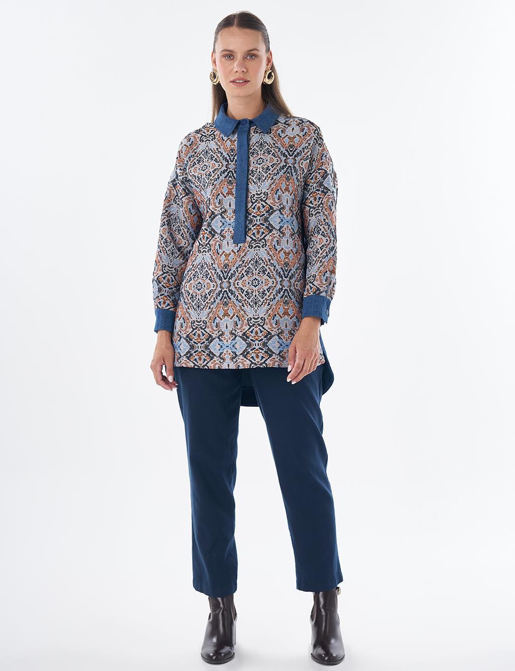 Denim-Trim Patterned Tunic - Indigo