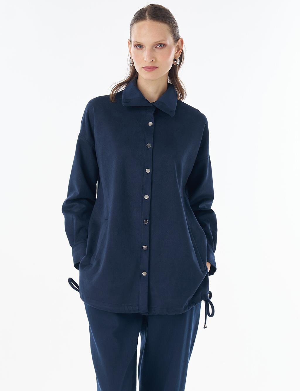Stand Collar Suede Tunic - Dark Navy