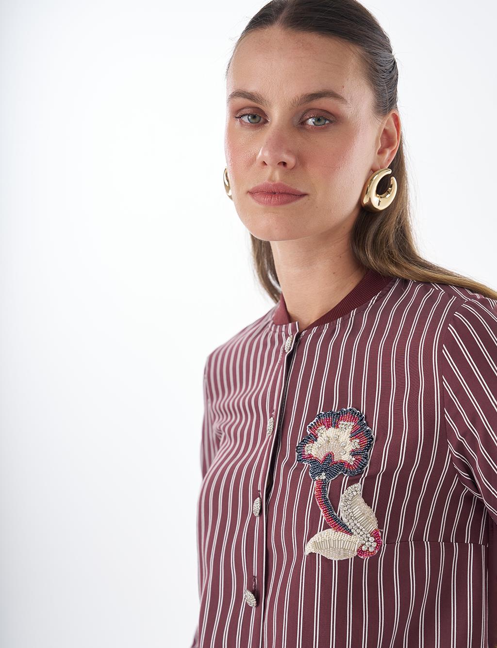 Embroidered Striped Tunic - Dark Burgundy