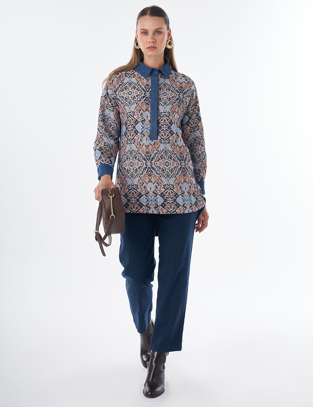 Denim-Trim Patterned Tunic - Indigo