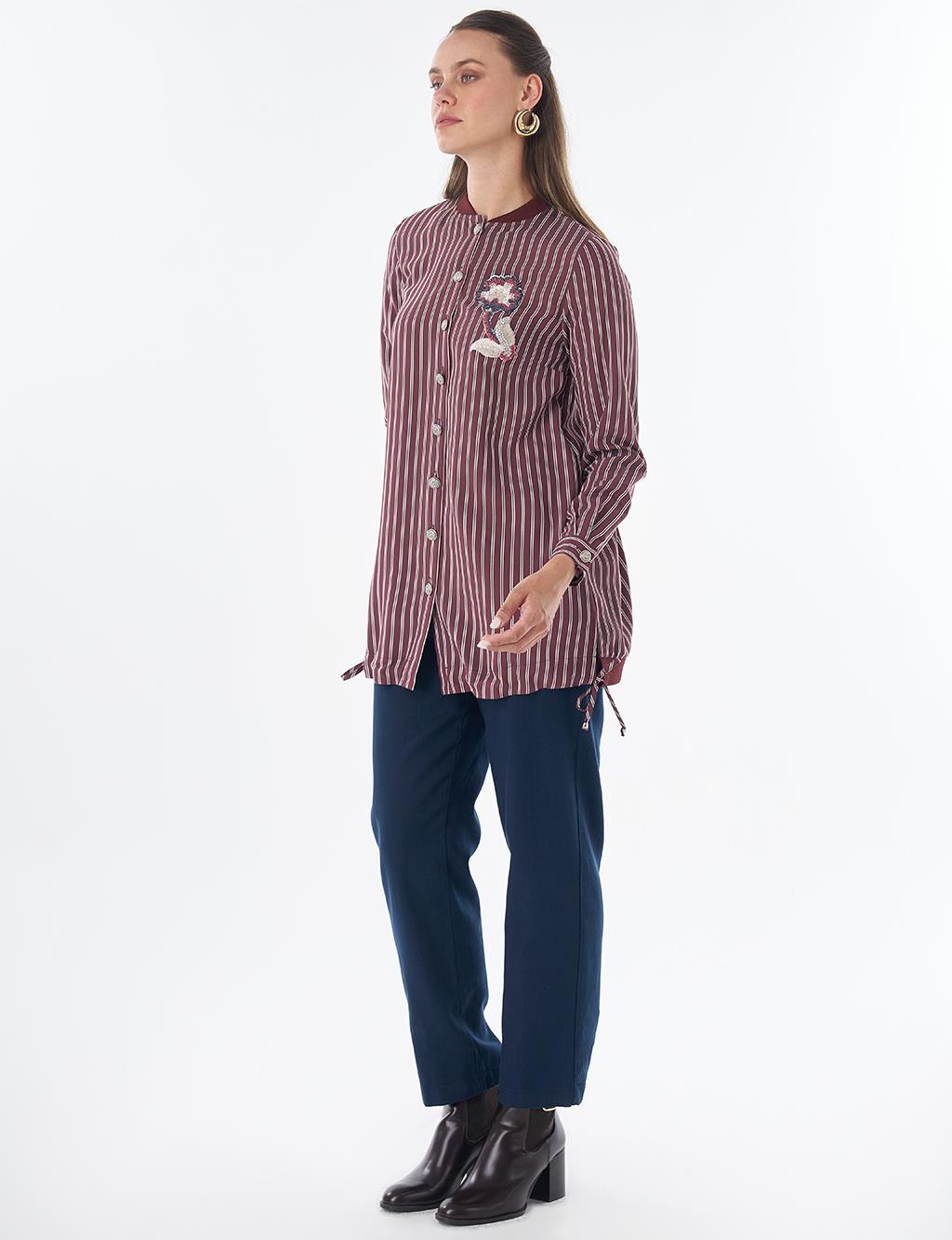 Embroidered Striped Tunic - Dark Burgundy