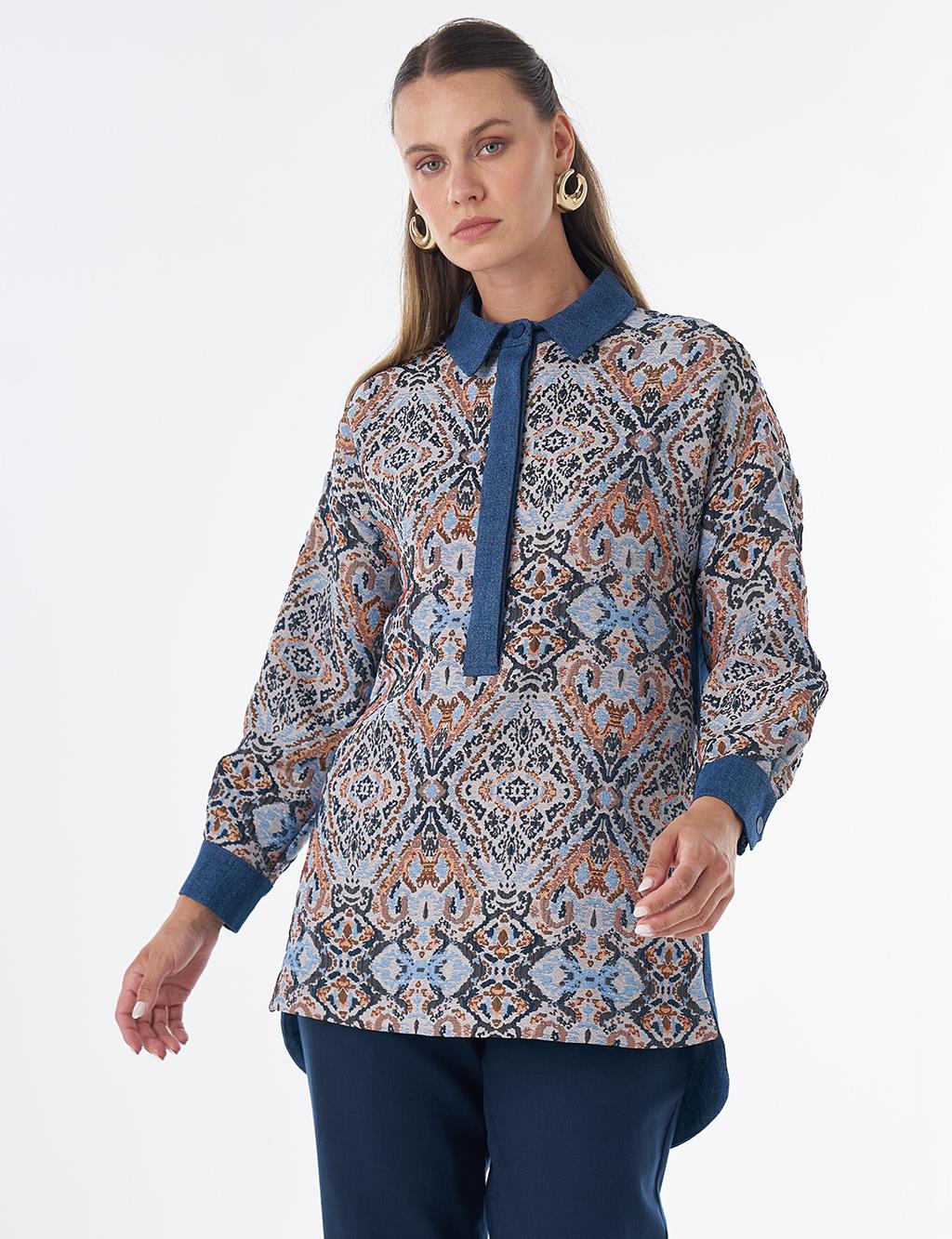 Denim-Trim Patterned Tunic - Indigo