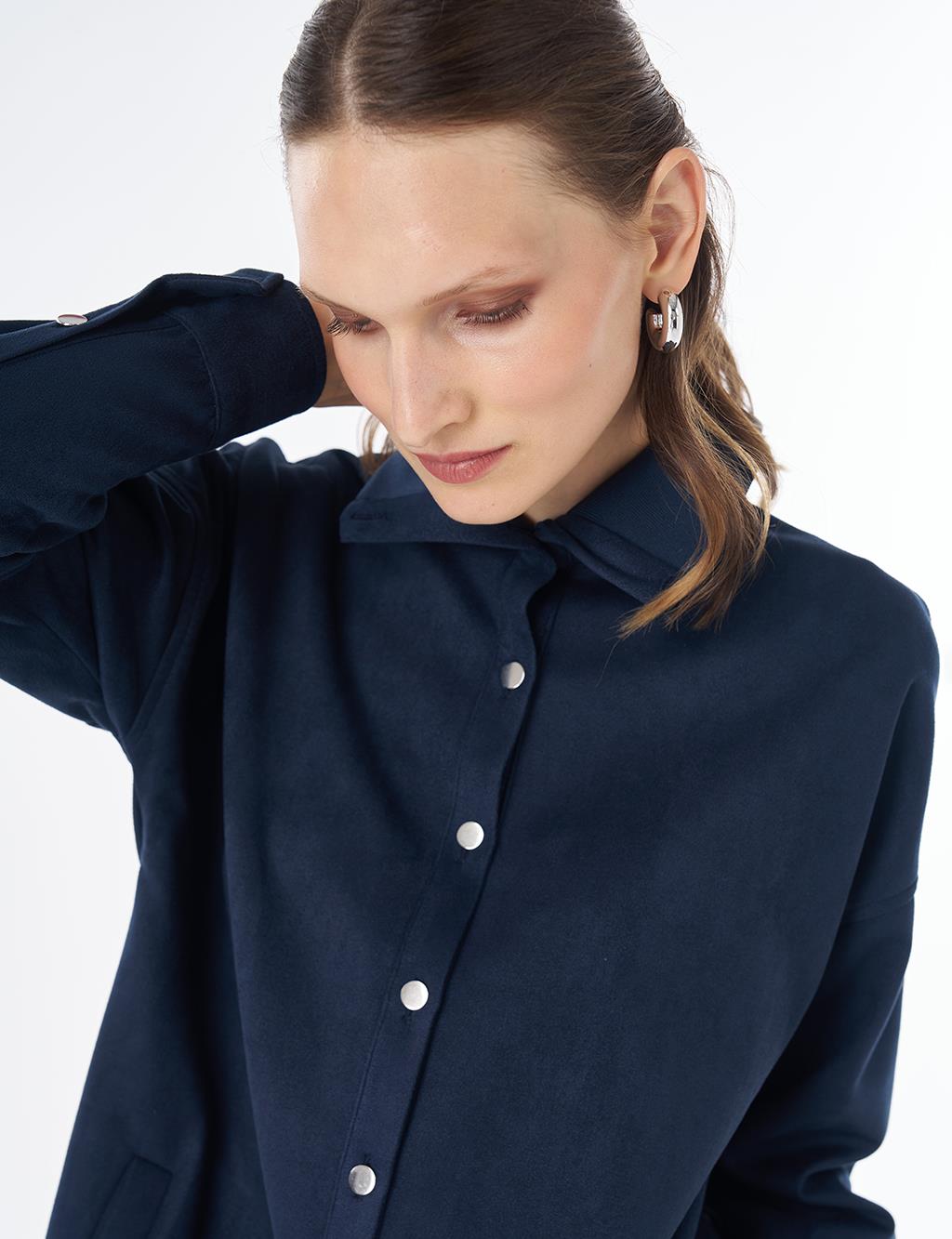 Stand Collar Suede Tunic - Dark Navy