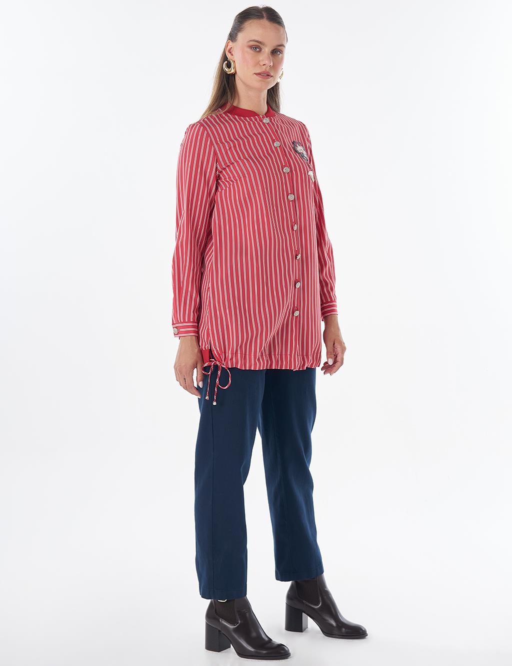 Embroidered Striped Tunic - Red