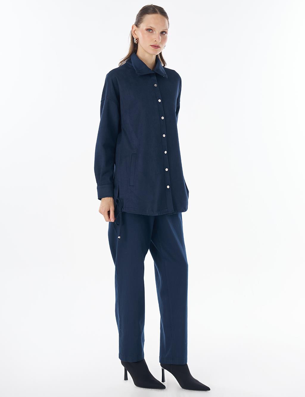 Stand Collar Suede Tunic - Dark Navy