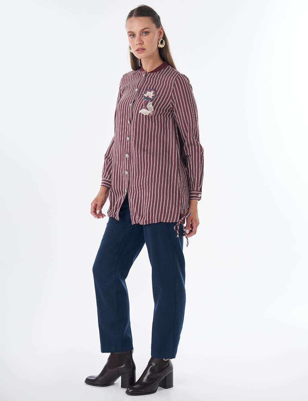 Embroidered Striped Tunic - Dark Burgundy