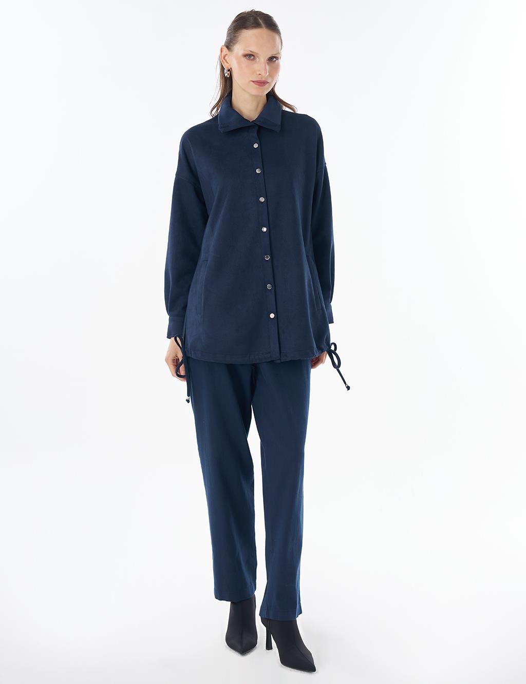 Stand Collar Suede Tunic - Dark Navy