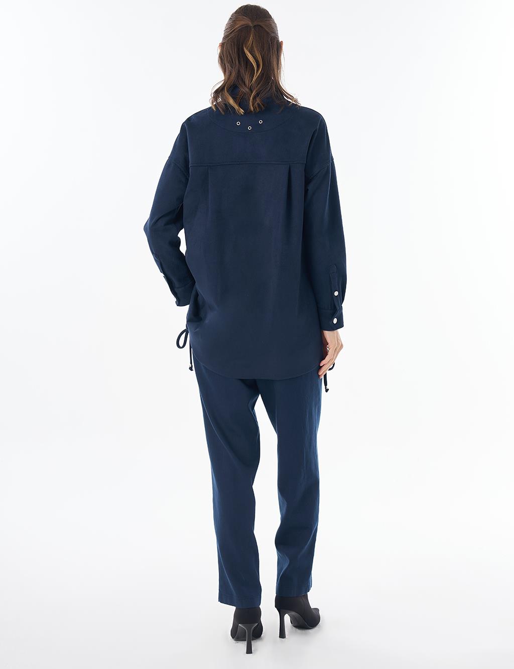 Stand Collar Suede Tunic - Dark Navy
