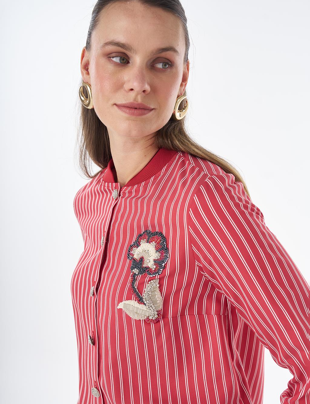 Embroidered Striped Tunic - Red