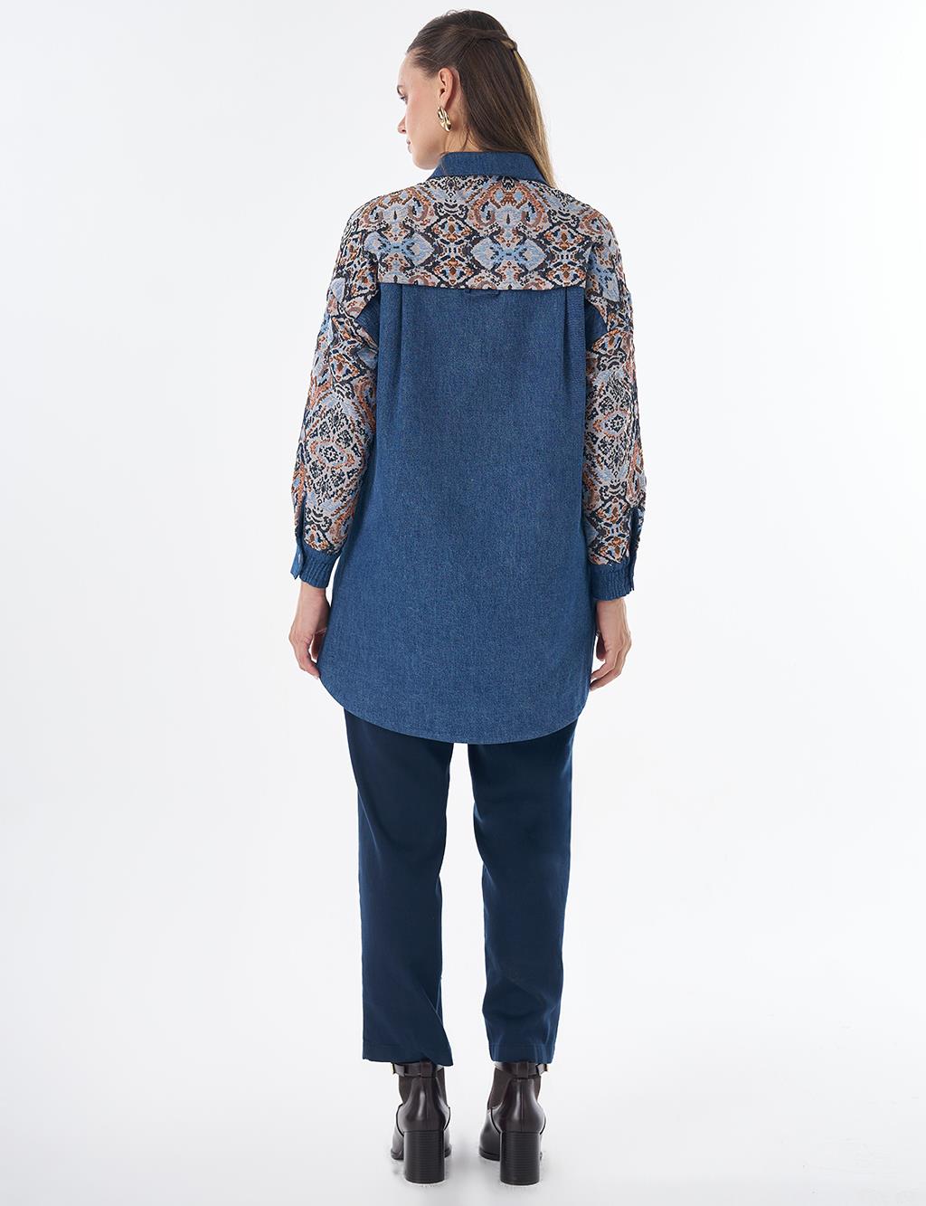 Denim-Trim Patterned Tunic - Indigo