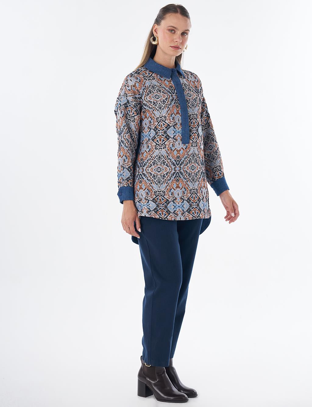 Denim-Trim Patterned Tunic - Indigo