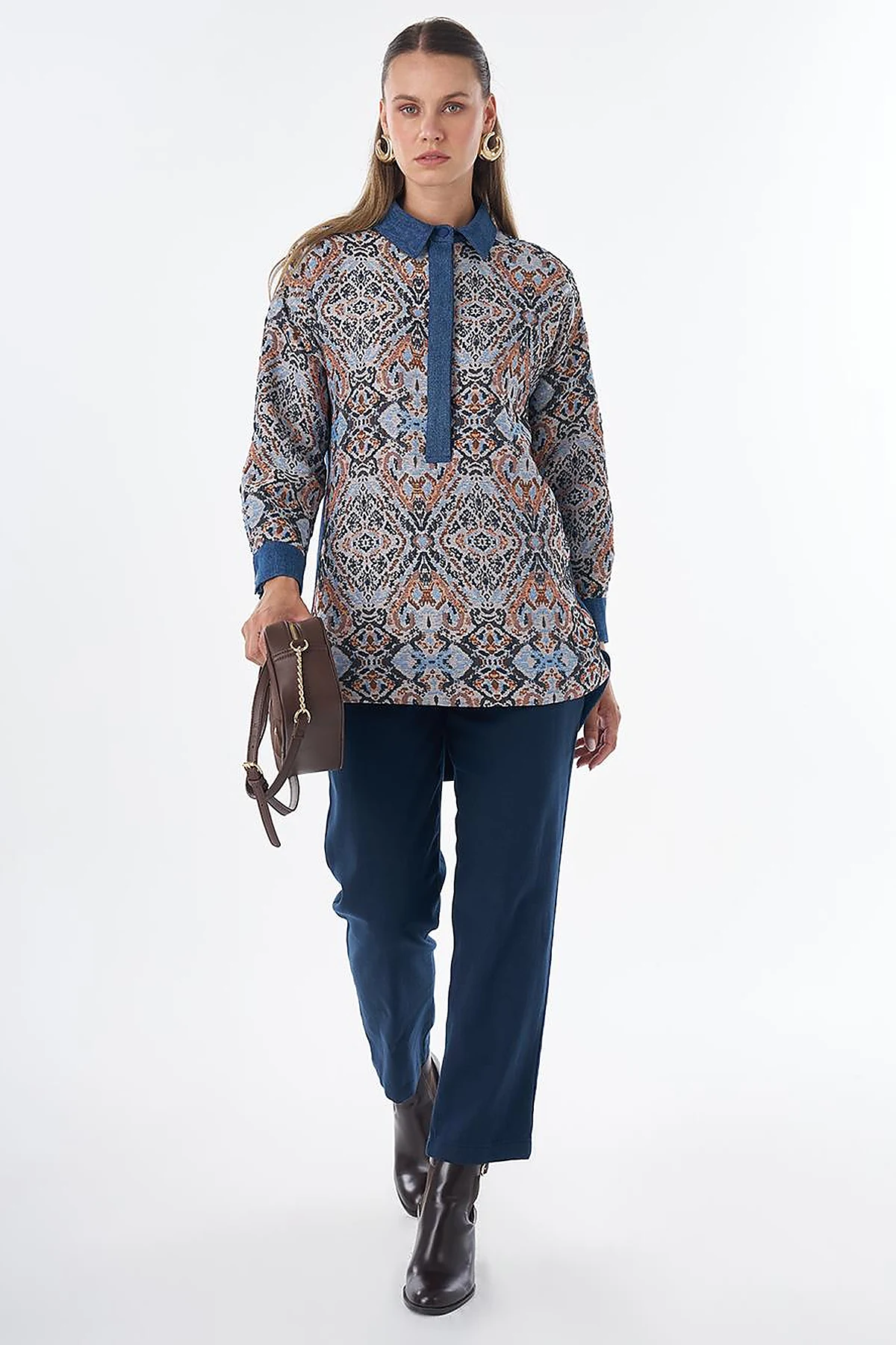 Denim-Trim Patterned Tunic - Indigo