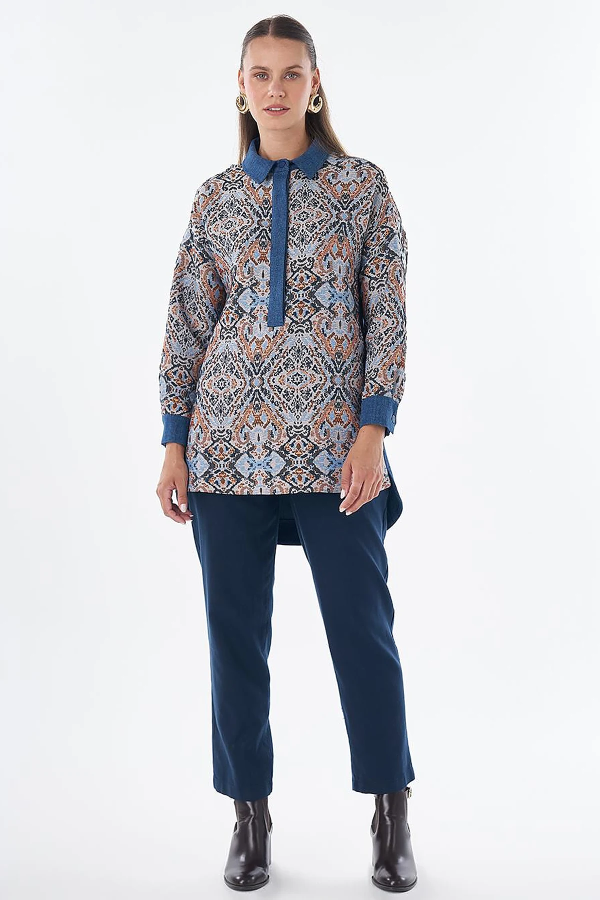 Denim-Trim Patterned Tunic - Indigo