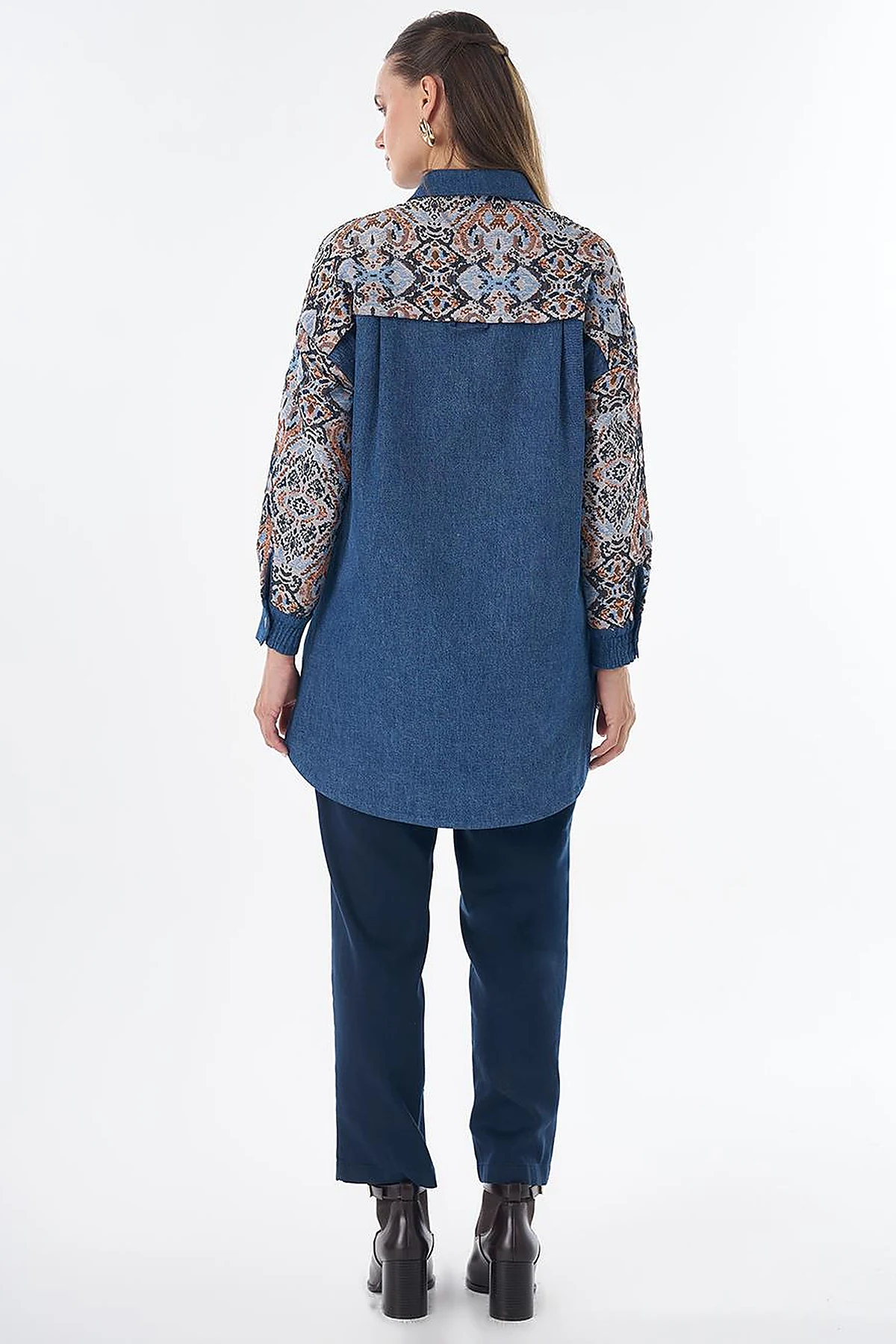 Denim-Trim Patterned Tunic - Indigo
