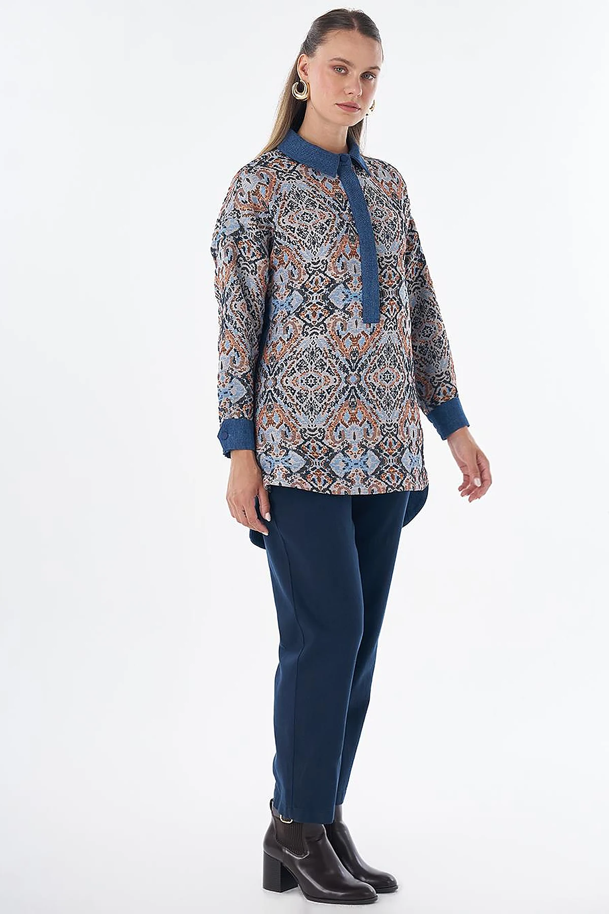 Denim-Trim Patterned Tunic - Indigo