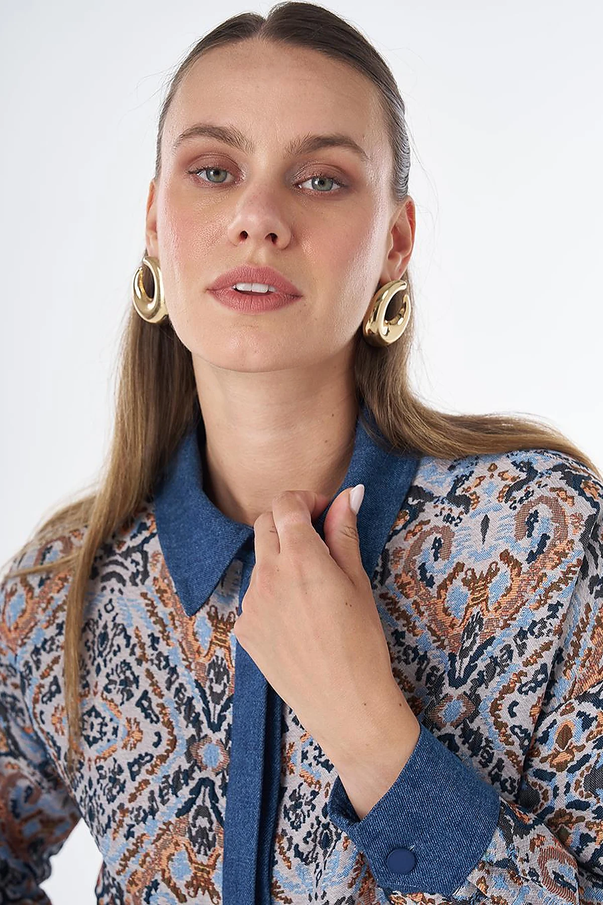Denim-Trim Patterned Tunic - Indigo