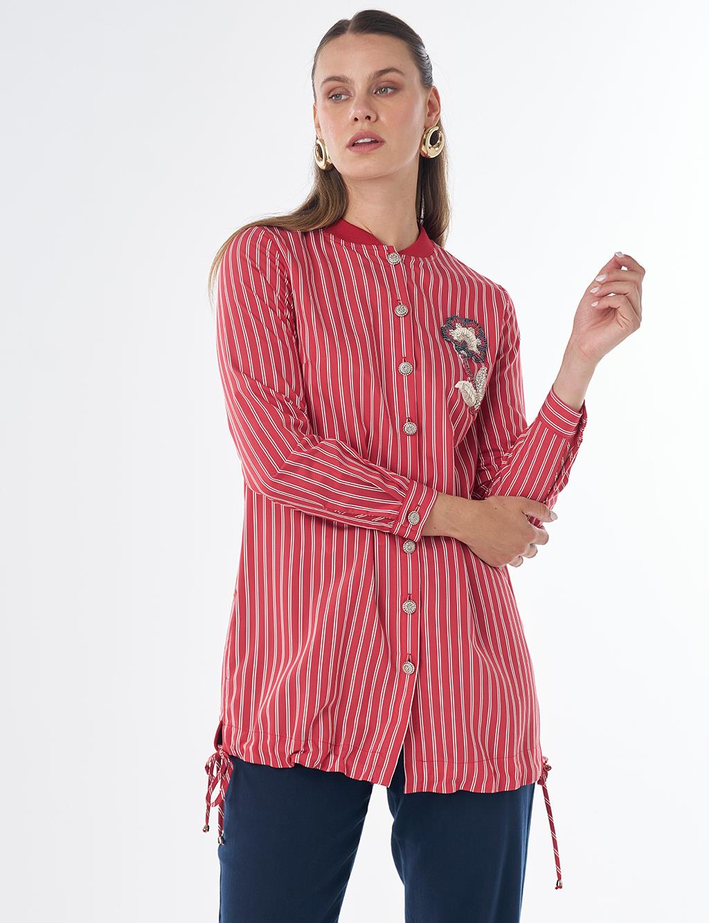 Embroidered Striped Tunic - Red