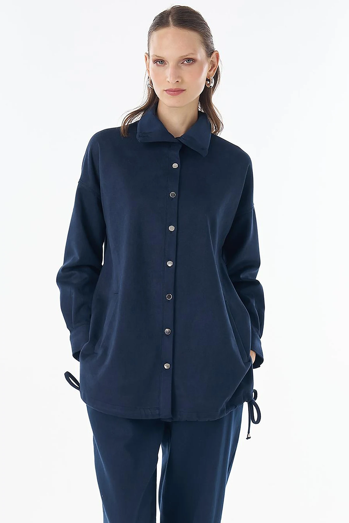Stand Collar Suede Tunic - Navy